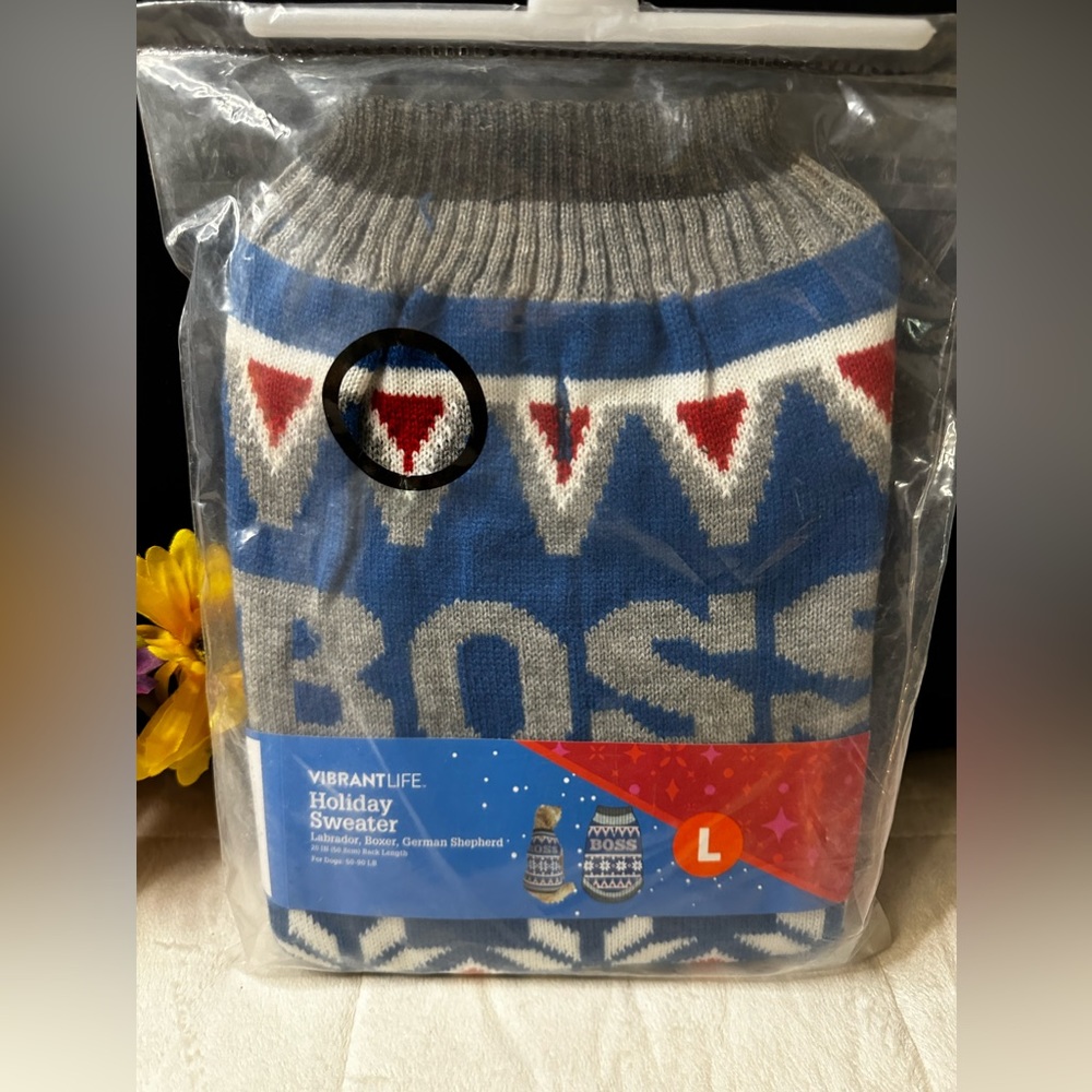 New Vibrant Life Large Holiday “BOSS” Dog Sweater 50-90 Lbs, 20”L (back)